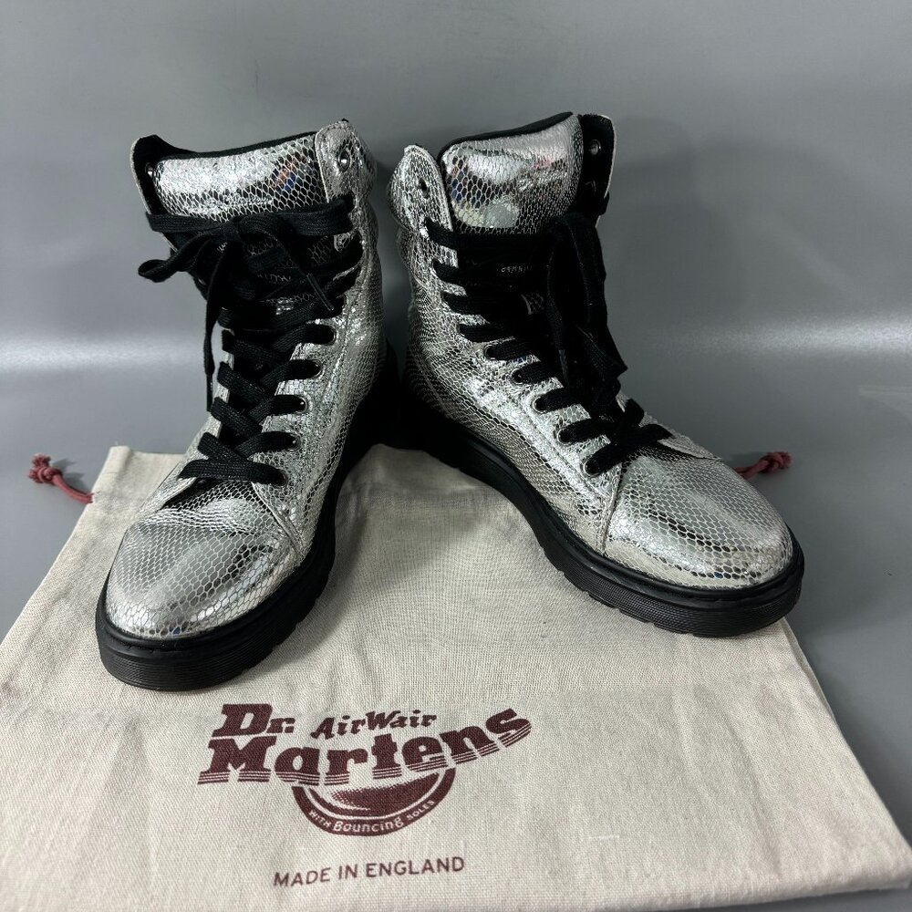 Dr. Martens Silver Snakeskin High-Top Ankle Boots